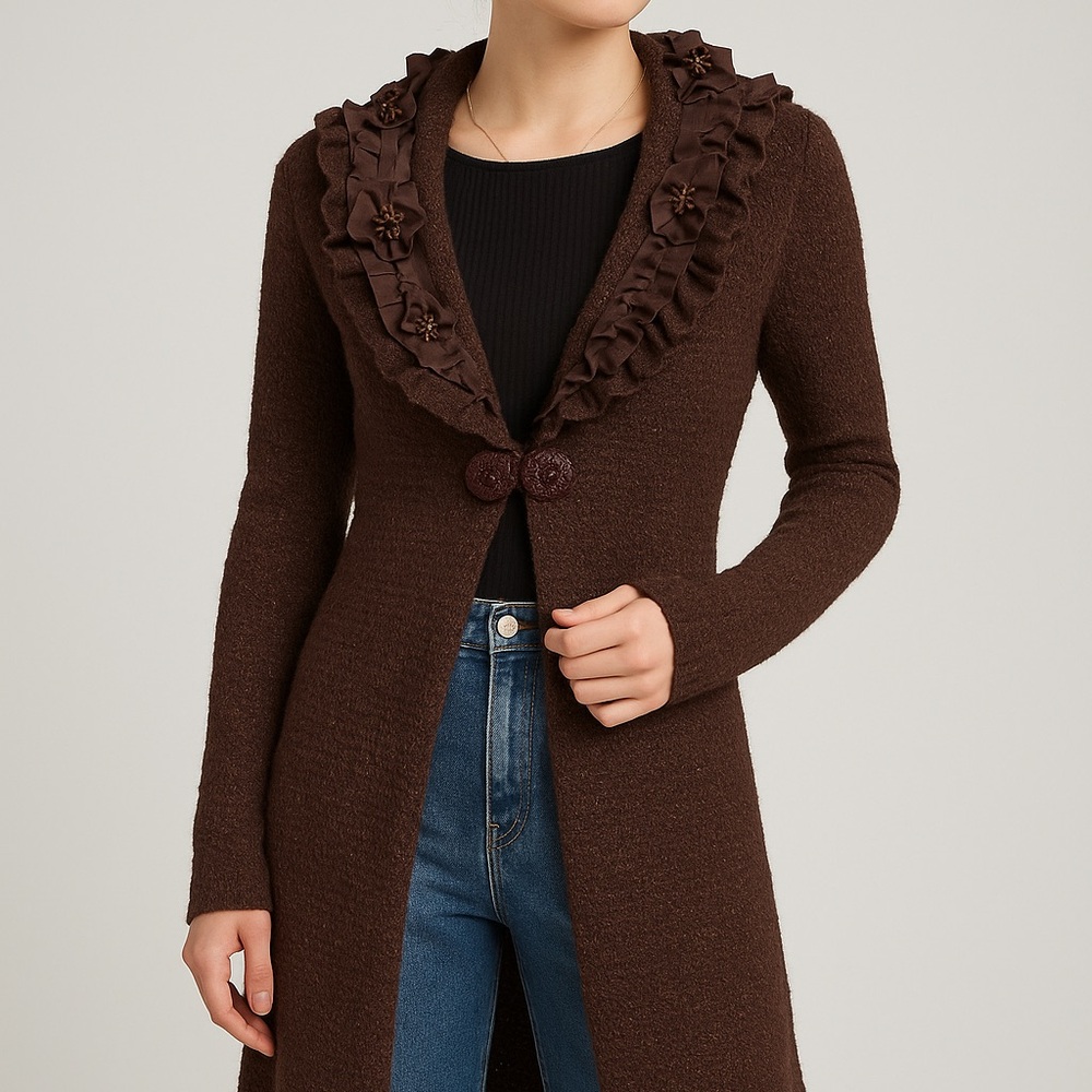 Peck & Peck Chocolate Brown Ruffled Cardigan